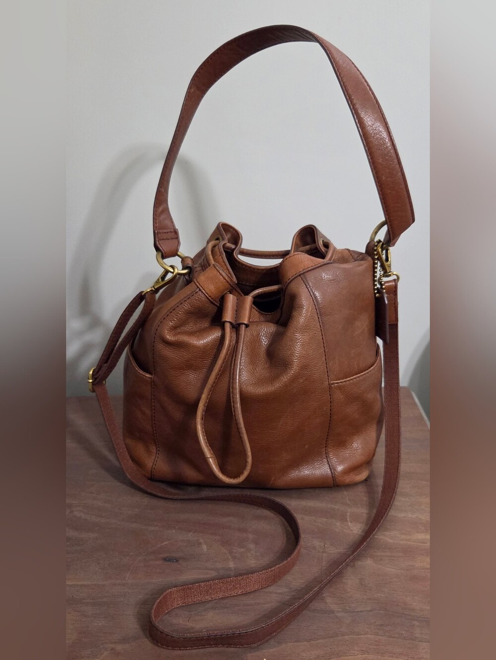 Fossil Brown Leather Drawstring Bucket Bag